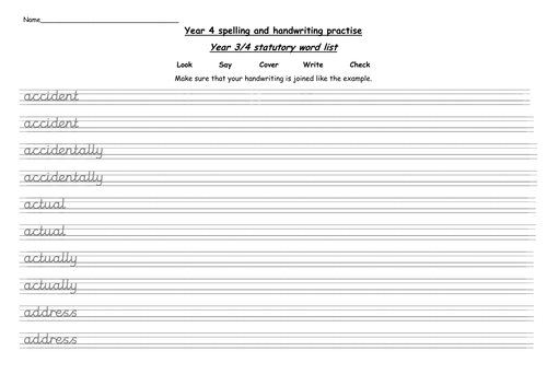 Year 4 Statutory Words Handwriting Practise Worksheets