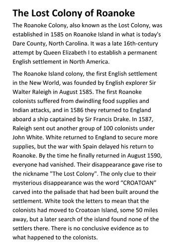 The Lost Colony of Roanoke Handout