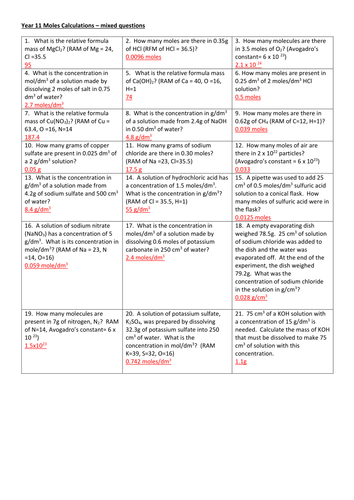 Revision Worksheet on Moles and Concentration Calculations