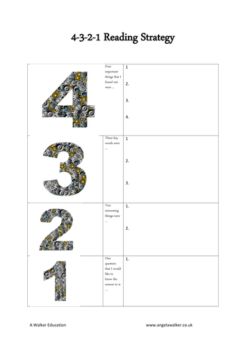 4-3-2-1 strategy reading comprehension sheet