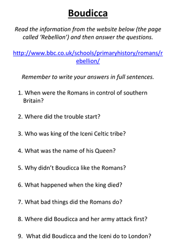 Boudicca Webquest Questions - Romans
