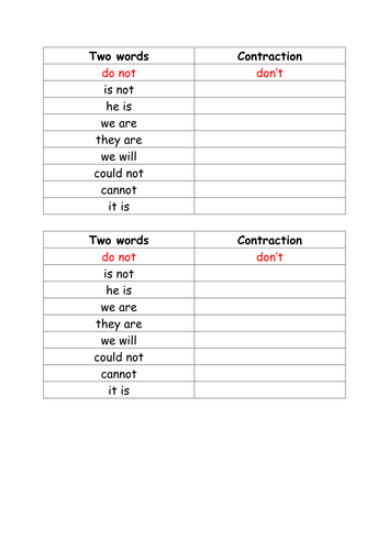 English KS2 Contractions homework