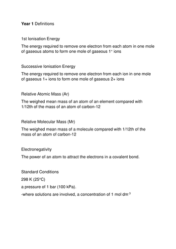 AQA A level Chemistry Definitions and Key terms