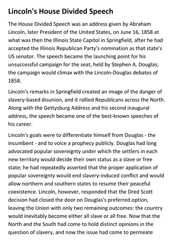 Lincoln S House Divided Speech Handout Teaching Resources