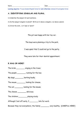 Was vs were verb inflections _ Powerpoint and worksheet
