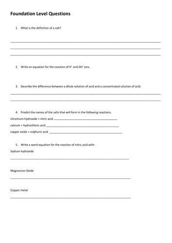 Year 8 Acids and Alkalis Topic Review Worksheet (or Test Recovery Questions)