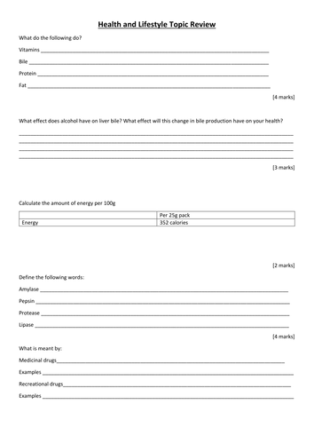 KS3 (Activate) Health and Lifestyle Topic Review (or Test Recovery Questions/Cover Lesson)