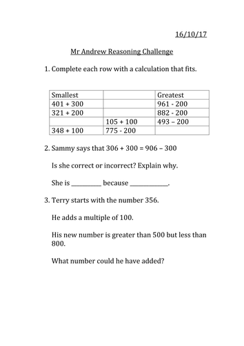 Adding and subtracting reasoning MASTERY year 3