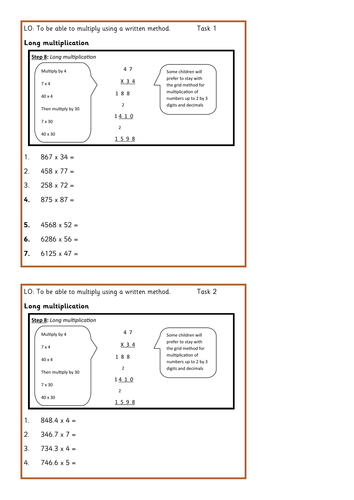 Differentiated multiplication calculation lesson tasks