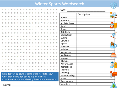 PE Winter Sports Wordsearch Sport Physical Education Starter Settler Activity Homework Cover Lesson