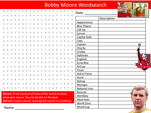 Bobby Moore Wordsearch Sport Famous Footballer Starter Settler Activity Homework Cover Lesson
