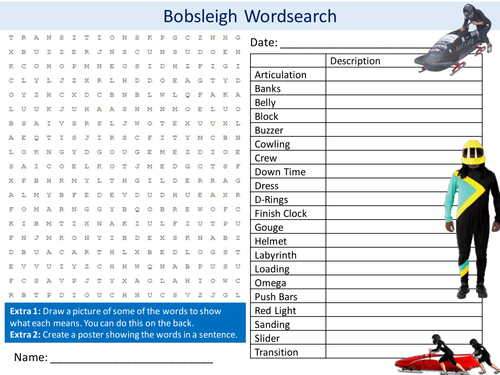 PE Sports Bobsleigh Wordsearch PE Physical Education Starter Settler Activity Homework Cover Lesson