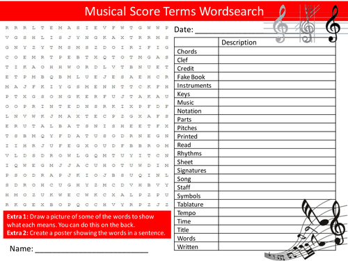 Musical Score Terms Wordsearch Music Notation Starter Settler Activity Homework Cover Lesson