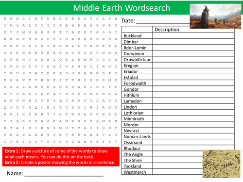 Middle Earth Wordsearch Lord of the Rings Starter Settler Activity Homework Cover Lesson