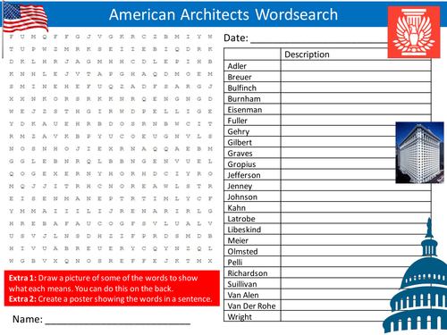 American Architects Wordsearch Art & Design Starter Settler Activity Homework Cover Lesson