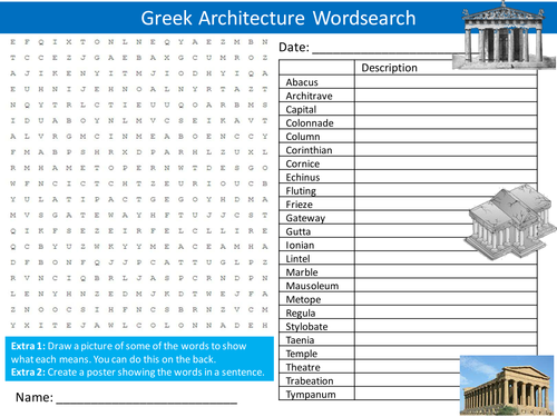 Greek Architecture Wordsearch Art & Design Starter Settler Activity Homework Cover Lesson
