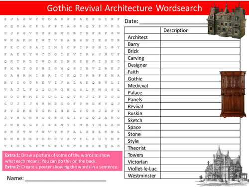 Gothic Revival Architecture Wordsearch Art & Design Starter Settler Activity Homework Cover Lesson