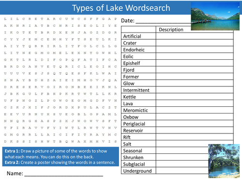 Types of Lakes Wordsearch Geography Lake Starter Settler Activity Homework Cover Lesson