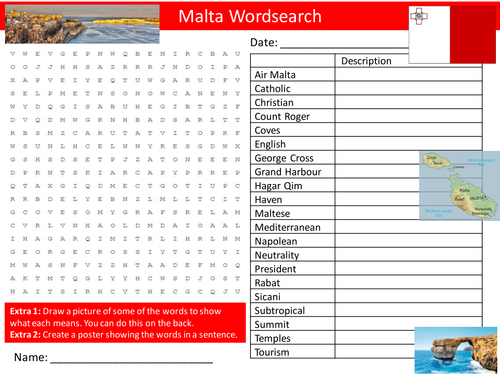 Malta Wordsearch Country Geography Starter Settler Activity Homework Cover Lesson