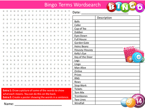 Bingo Game Terms Wordsearch Starter Settler Activity Homework Cover Lesson