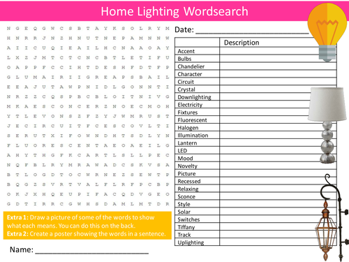 Home Lighting Wordsearch Interior Design Starter Settler Activity Homework Cover Lesson