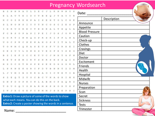 Pregnancy Wordsearch PSHE PHSE SRE Starter Settler Activity Homework Cover Lesson