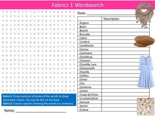 Fabrics 1 Wordsearch Design Technology Textiles Starter Settler Activity Homework Cover Lesson