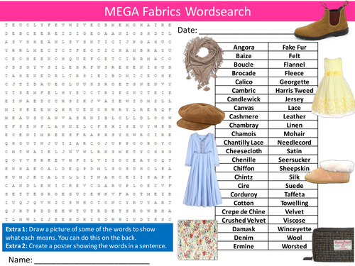 3 x Fabrics Wordsearch Design Technology Textiles Starter Settler Activity Homework Cover Lesson