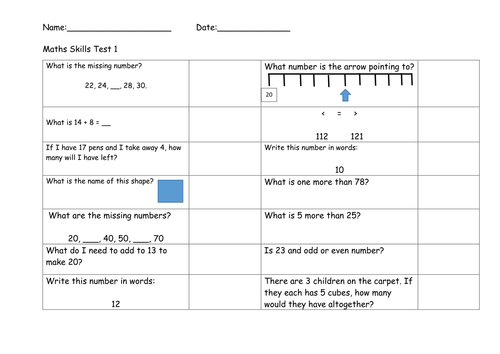 KS1 - Maths and SPaG Skills Tests - Autumn Term 1 - Assessment