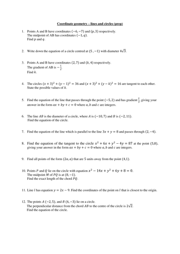 Coordinate geometry (new A level) worksheet and homework/test