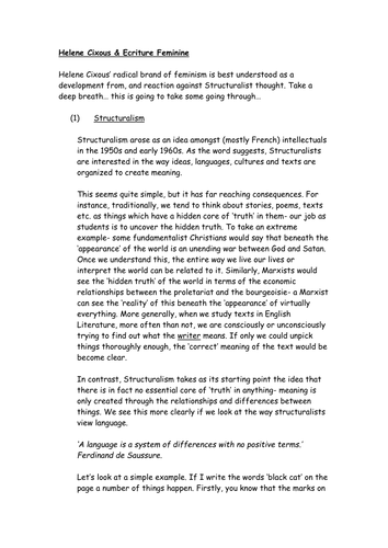 Post Structuralist Feminism Worksheet