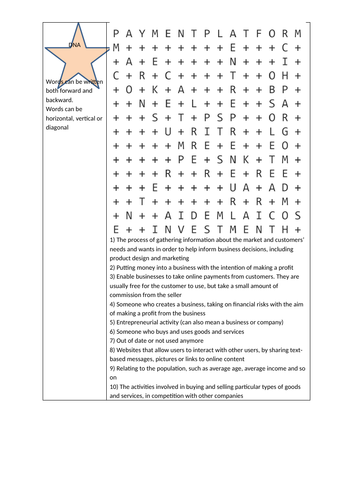 Edexcel GCSE (9-1) Business Topic 1.1 key words wordsearch