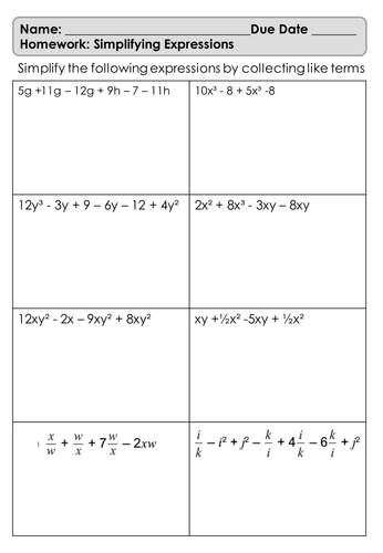 Homework Worksheet - Simplifying Expressions - Challenging