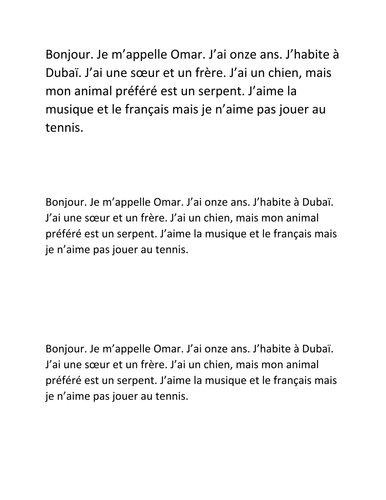 Simple questions and answers in French, with running dictation text/activity