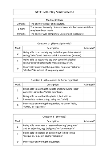 GCSE Spanish role play speaking practice - Drugs, tobacco and alcohol