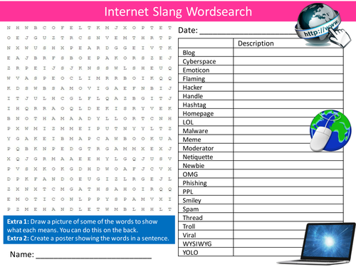 Internet Slang Terms Wordsearch ICT Computing Starter Settler Activity Homework Cover Lesson