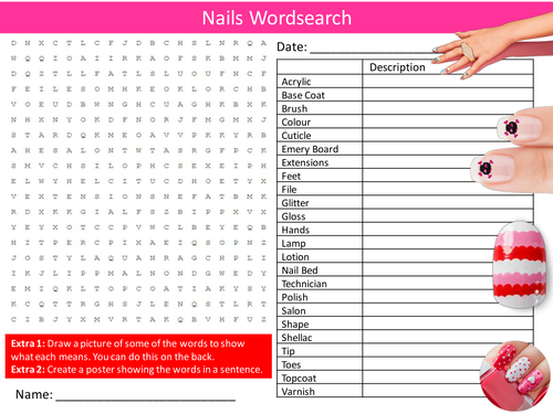 Nails Wordsearch Nail Art Beauty Starter Settler Activity Homework Cover Lesson