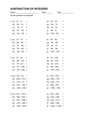 Subtraction of Integers