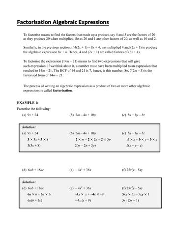 Factorising Algebraic Expressions