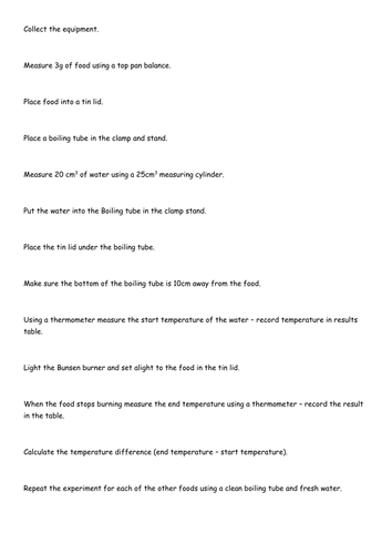 Investigating energy in foods writing frame