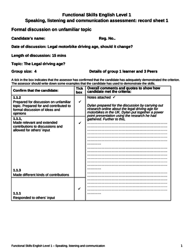 speaking and listening marking example