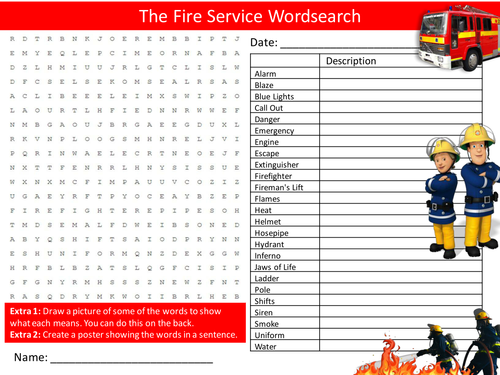 The Fire Service Wordsearch Brigade Careers Starter Settler Activity Homework Cover Lesson