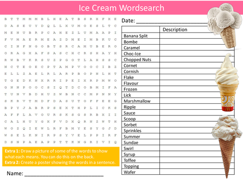 Icecream Ice Cream Wordsearch Food Technology Starter Settler Activity Homework Cover Lesson
