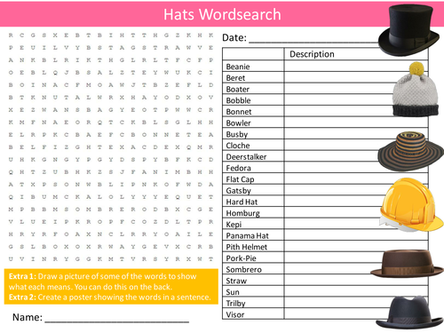Types of Hats Wordsearch Textiles Technology Starter Settler Activity Homework Cover Lesson