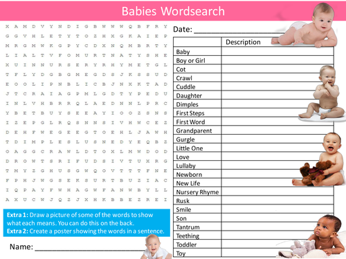 Babies Wordsearch Pregnancy Birth SRE Starter Settler Activity Homework Cover Lesson