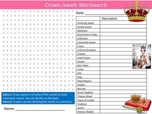 Crown Jewels Wordsearch UK Kings and Queens Starter Settler Activity Homework Cover Lesson