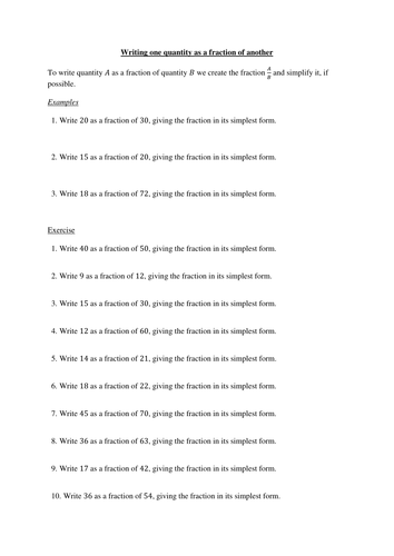 One quantity as a fraction of another worksheet