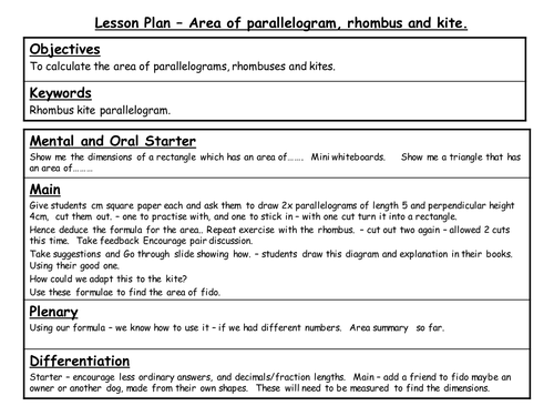 2 complete lessons, area of parallelogram, kite, rhombus, and then trapezium with lesson plans