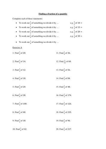 Fraction of a quantity worksheet
