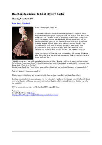 Weblog pack: reactions to changes to Enid Blyton's books